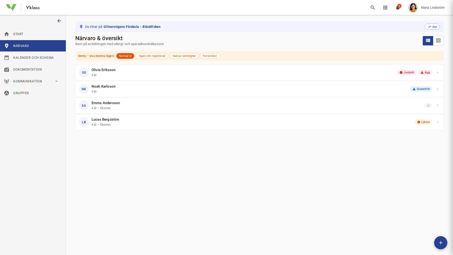 Allergi information pa barn tillganglig for pedagoger screenshot