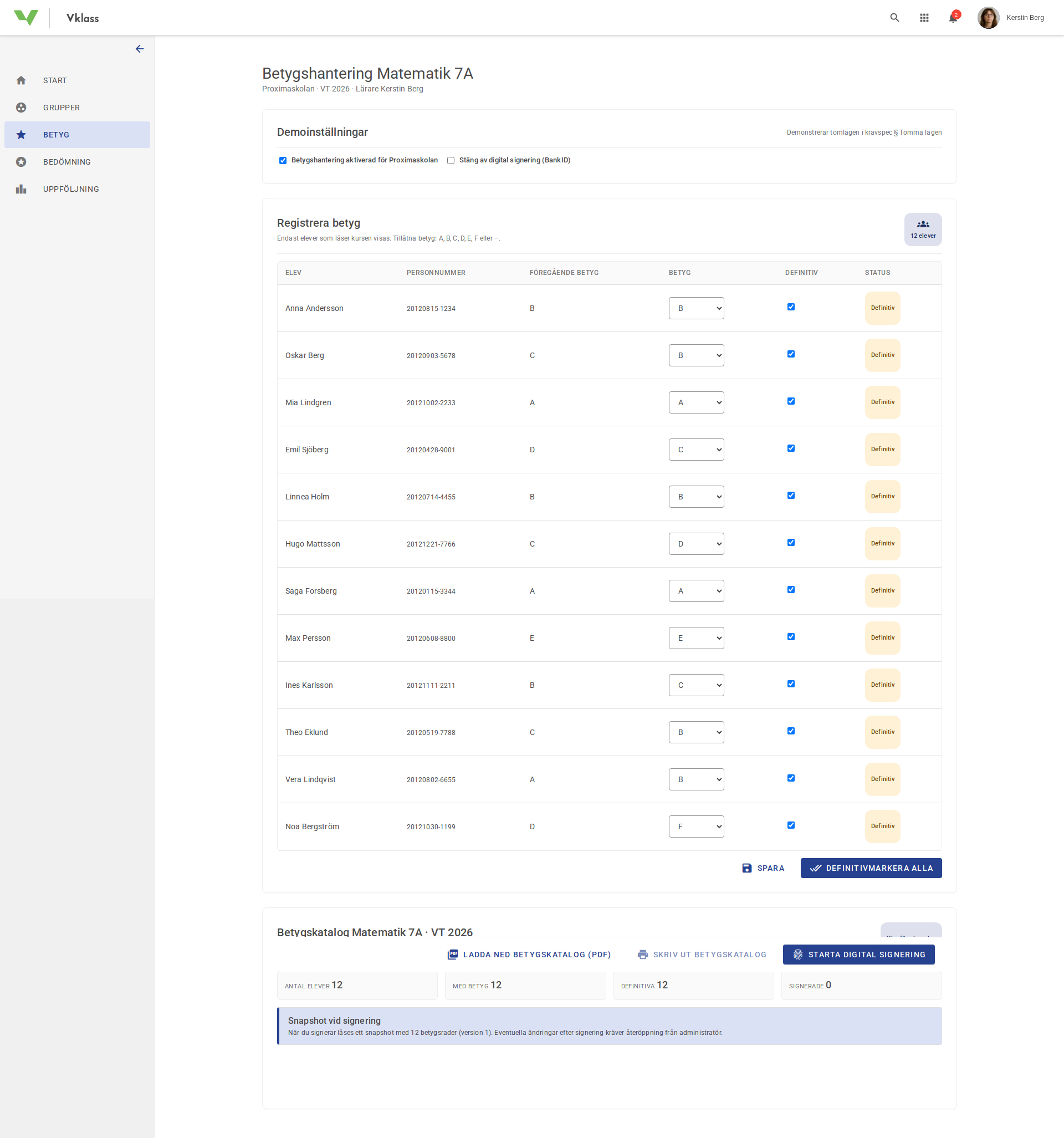 Fullt stöd för betygshantering (Registrera, signera med Bank-id, skriva ut och exportera) screenshot